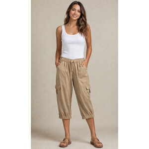 Cache Capri Cargo 100% Tencel Silk Self Belt Elastic Waist Pant Bottom NWT $98